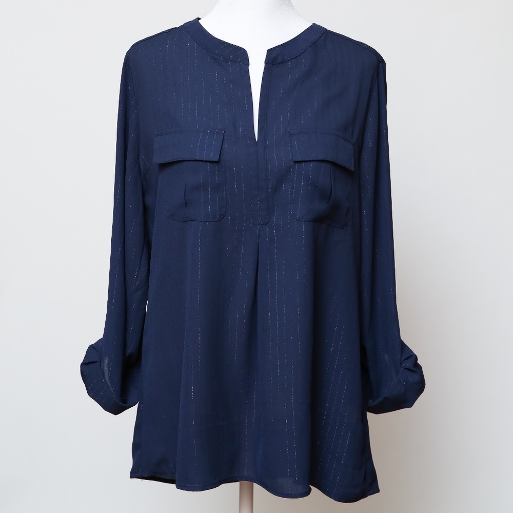 Studio Works Blouse - Navy Blue with Silver Stripes - Size M - With Tags